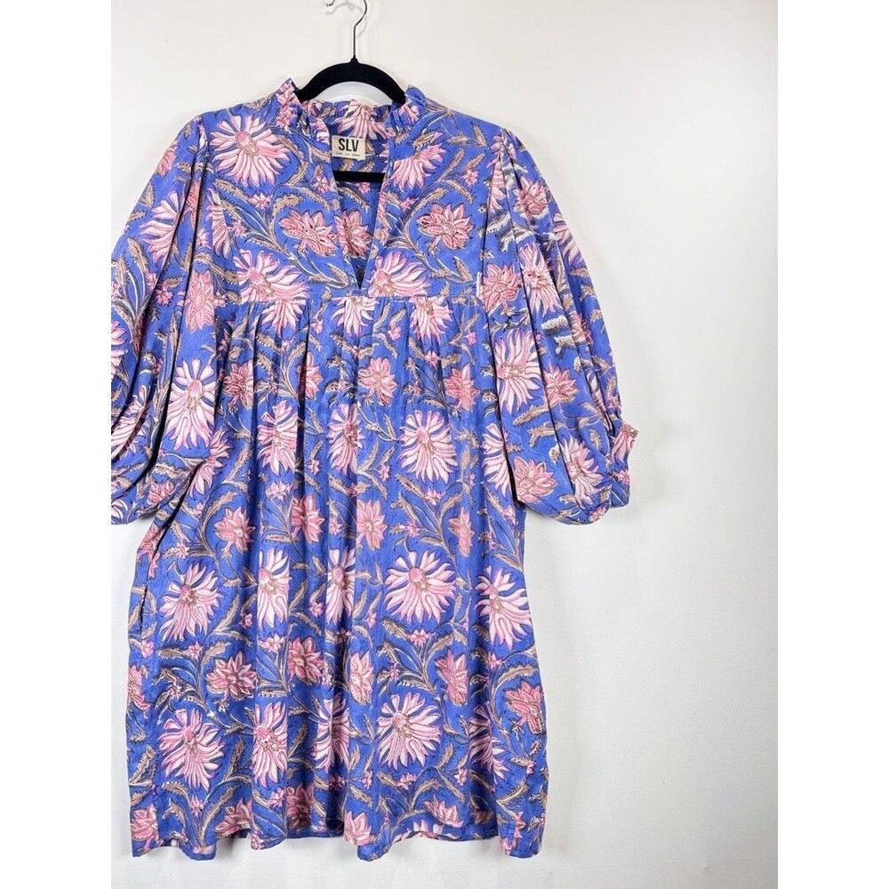 Sur La Vague Mini Dress Purple Blouse Mini Floral V Neck Puff Sleeve Boho M/L - Picture 7 of 11
